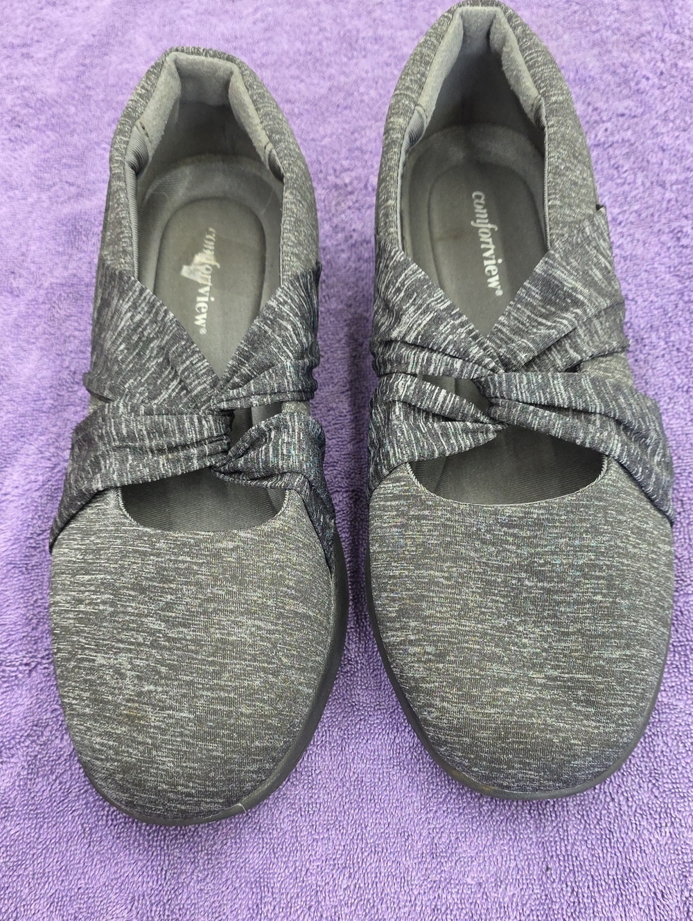 Comfortview Women's Heathered Charcoal Knit Slip-On Flats with Twist Strap